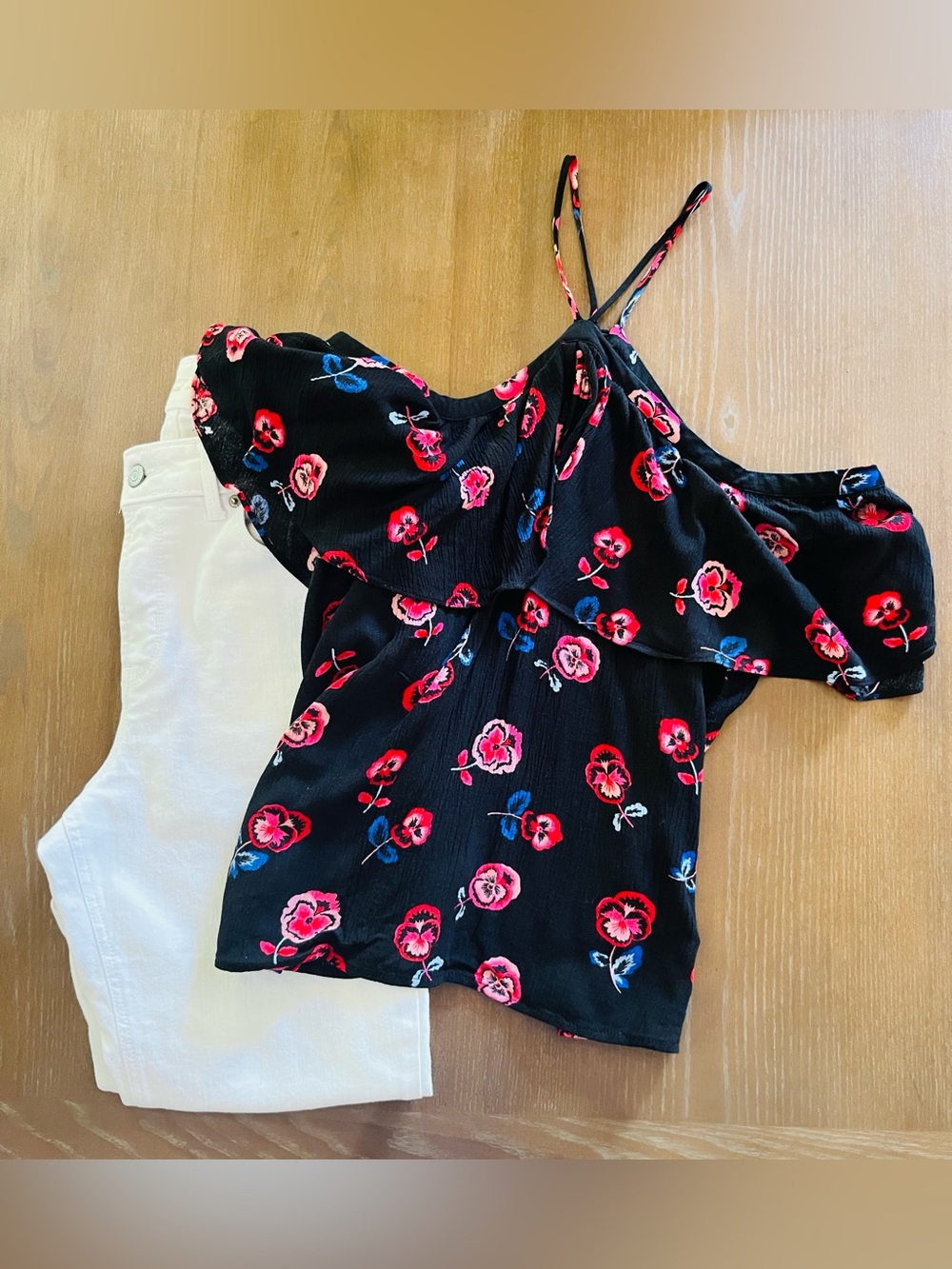 Express Off-the-Shoulder Black Floral Halter Top - Women’s Size Small